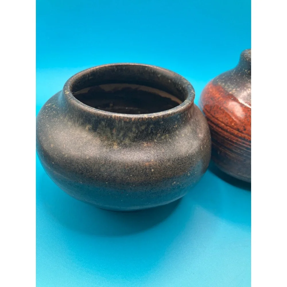 Studio Pottery Small Vase Set Brown Earthy Drip Glaze Stoneware